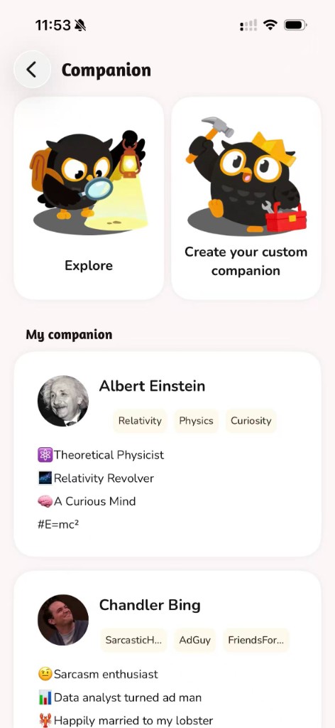 Glimmo AI Companion - chat with Einstein, Chandler Bing and custom characters
